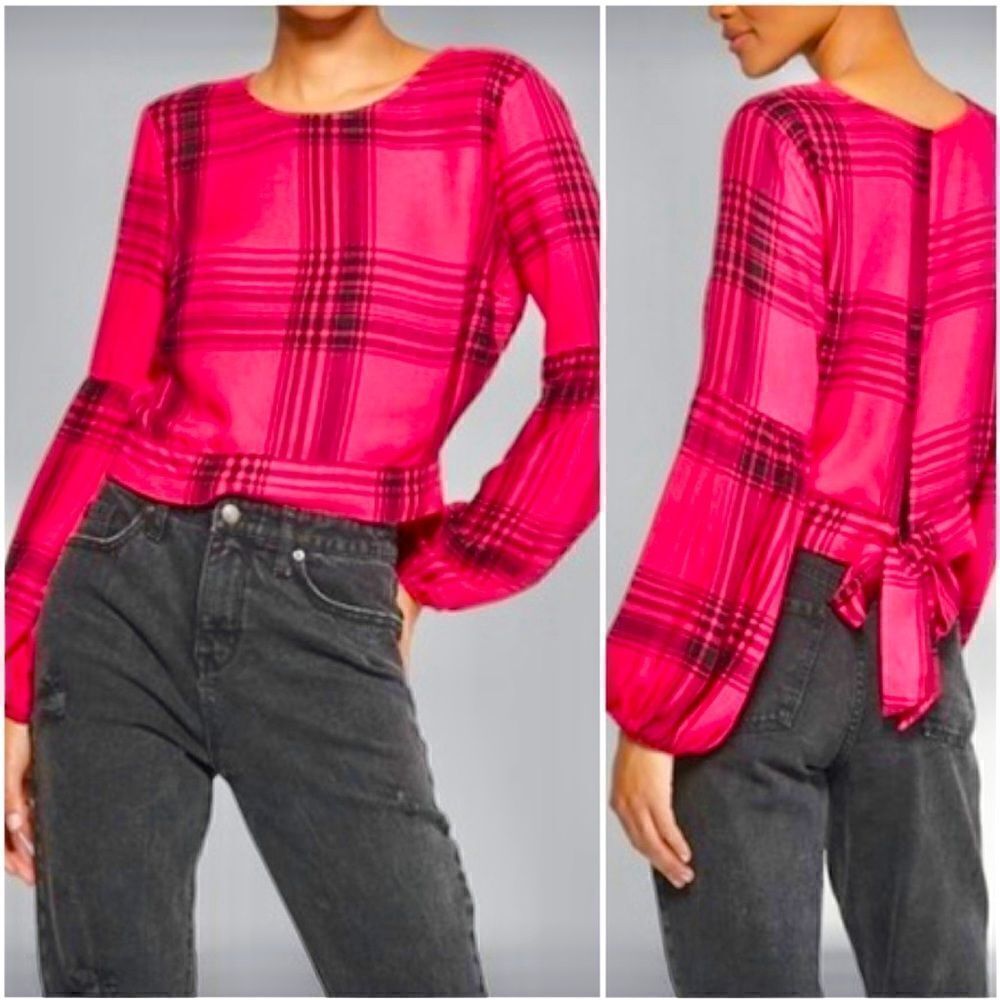 Wild Fable hot Pink & Black Plaid Tie Back crop Top balloon long sleeve blouse S